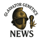 a gold helmet and microphone with leaf and text